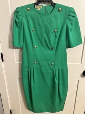 Vintage David Warren Dress 12 Green Puff Sleeve Sheath 80s USA Old Money Office